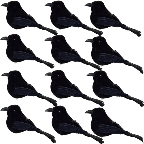 12 Pack Halloween Clip-On Black Raven Decorations - Realistic Artificial Crow Set