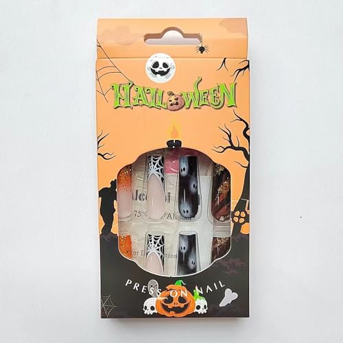 Halloween Press On Nails Long Square - Gold Ombre Fake Nails with Ghost Spider Web Design - Variation B3