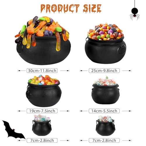 Halloween Witch Cauldron Decorations 6 Pack - Large Black Plastic Cauldrons for Party & Haunted House