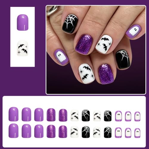 Halloween Fake Nails Short Square Press On Nails with Purple Glitter Cobweb Bat Ghost Design - Variation H6