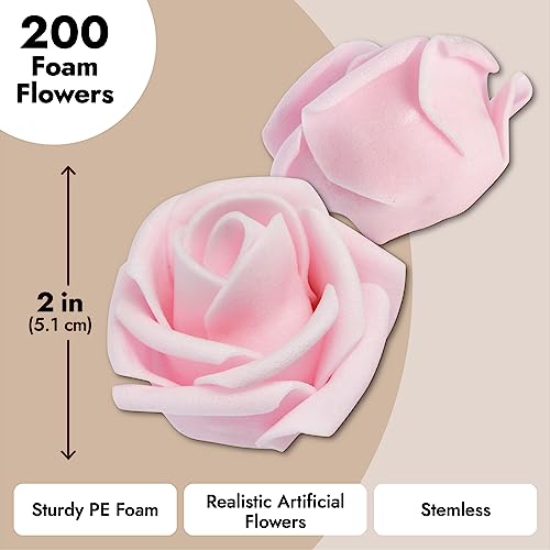 200 Pack Light Pink Foam Roses - Stemless Artificial Flowers for Wedding & Party Decor
