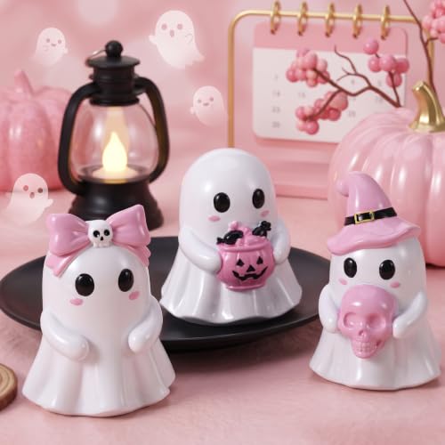 Pastel Halloween Ghost Figurine Set - Pink & White Resin Decorations with Bow, Witch Hat & Pumpkin