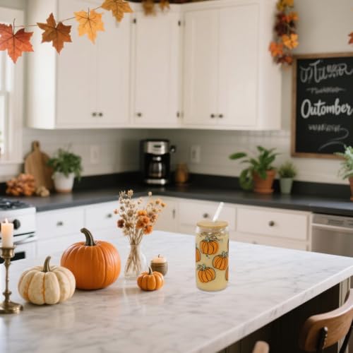 Fall Pumpkin Iced Coffee Glass Cup with Lid & Straw - 18oz Orange