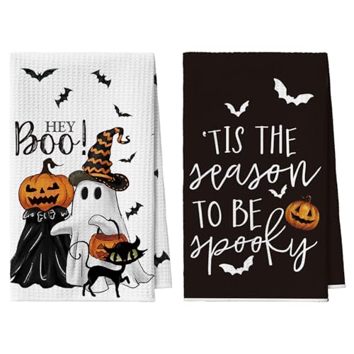 18x26 Inch Microfiber Kitchen Towels Set of 2 - Ghost Pumpkins Black Halloween Drying Cloths