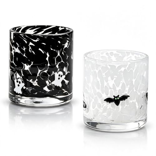 Halloween Glass Cup Set - Ghost & Bat 16 oz Old-Fashioned Drinking Cups for Parties