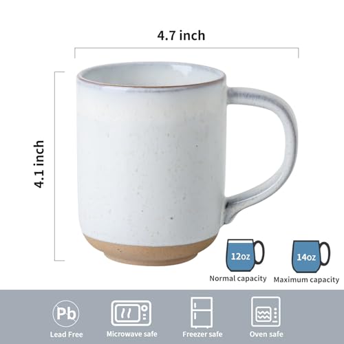 White Ceramic Coffee Mug Set of 4 - 14oz Large Handle Stoneware Tea Cups for Latte & Cappuccino