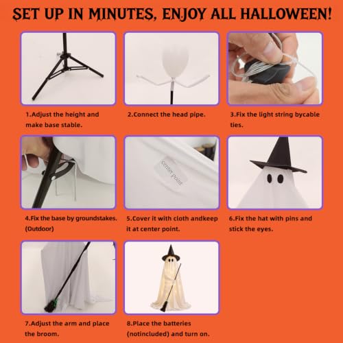 Outdoor Light Up Ghost with Witch Hat & Broom - 53 Inch Halloween Decor - White