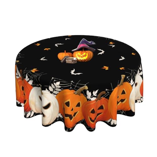 Halloween Round Tablecloth 60x60 Inch Pumpkin Ghost Holiday Decor - Black