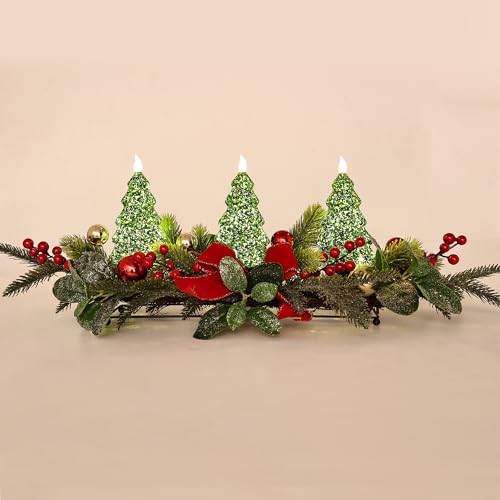 Green Christmas Table Centerpiece with LED Lights, Holiday Tree Decor