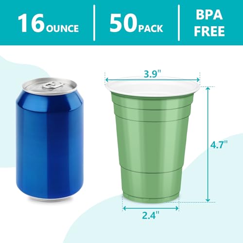 Sage Green Plastic Cups - 16 oz Disposable Party Cups, 50 Pack