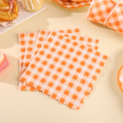 Orange Gingham Party Plates and Napkins Set - Serves 25 - Variation of THIS listing