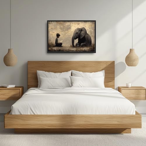 Large Elephant Wall Art Canvas - Kids Reading Animal Decor for Living Room & Bedroom