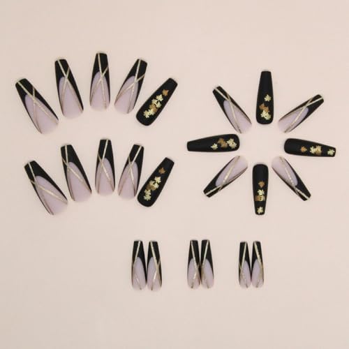 Fall Press On Nails Long Coffin Fake Nails with Maple Leaf Design - Black & Gold French Tips - 24 Pcs