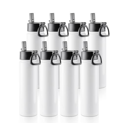 22 OZ Sublimation Water Bottle - 8 Pack White Stainless Steel Tumblers with Straw & Handle