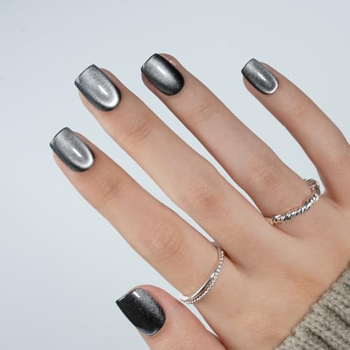SEEWEE Cat Eye Black Press On Nails Short Square - Silver Nocturne Variation