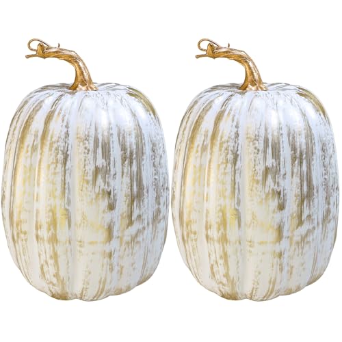 Artificial Pumpkins Set - Gold Brush White Faux Fall Decor, 8.7" - Autumn Wedding & Holiday Table Centerpieces