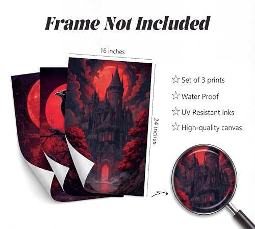 Halloween Canvas Wall Art Set - Red Ghostly Moon 16x24 Inches, 3 Pieces - Unframed Decor