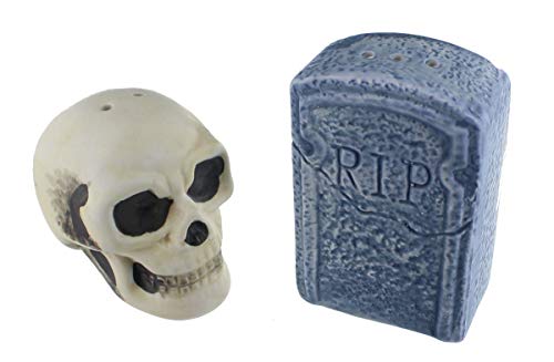 Halloween Skull and Tombstone Salt and Pepper Shaker Set - Creepy Kitchen Decor
