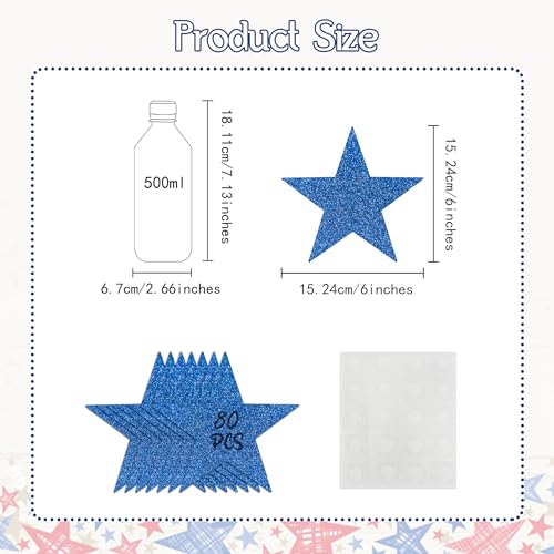 Blue Star Cardboard Cutouts - 80 Glitter Stars for 4th of July & Party Decor - 6in - Blue