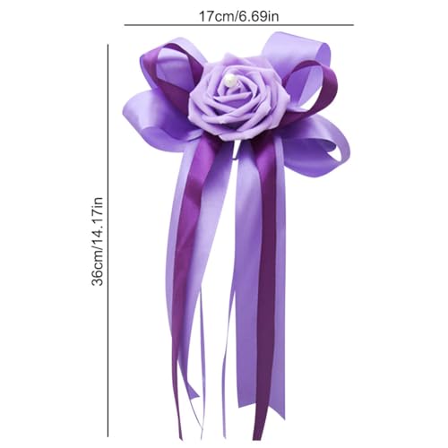 Purple Wedding Car Flower Decorations Set - Artificial Roses & Ribbon Bows, 12 Pieces