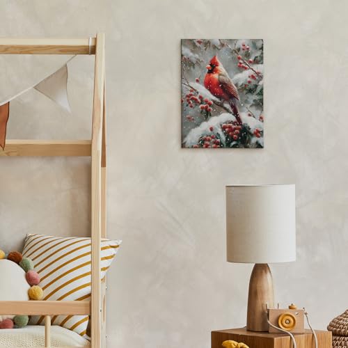 Winter Cardinal Canvas Wall Art - Vintage Christmas Scene 11x14 Inch