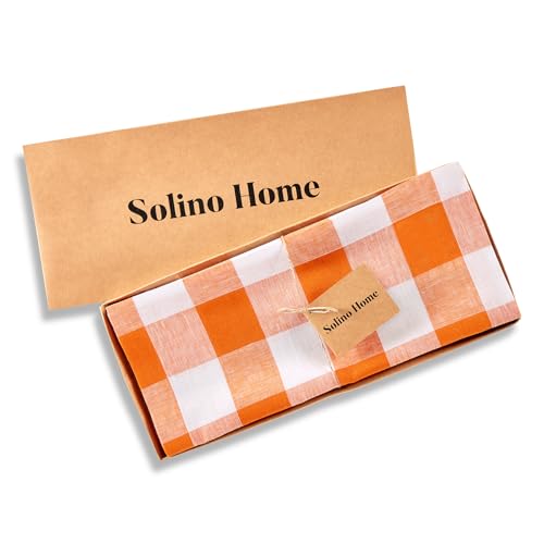 Linen Table Runner 14x72 Pumpkin & White Check - Handcrafted, Eco-Friendly