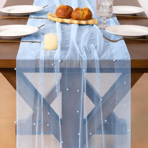 Light Blue Pearl Light Blue Table Runner 10FT Fall Tulle Gauze Boho Cheesecloth - Variation of This Listing