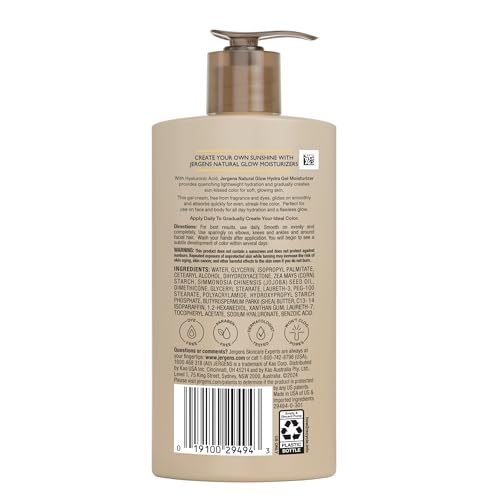 Jergens Natural Glow Hydra Gel Moisturizer, Hyaluronic Acid Tanning Lotion, Hydrating Tanning Gel, Fragrance-Free Self Tanner, Medium to Deep Skin Tones 8.3 Oz