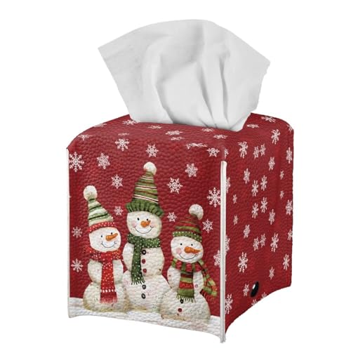 Christmas Snowman Family Tissue Box Cover - Snowflake Design, Decorative Cube for Home & Office