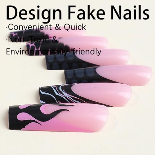 BABALAL French Tip Press On False Nails - Long Black Flame Style, Glue-On Squoval Acrylic Nails, 24Pcs, Variation BNN08flame