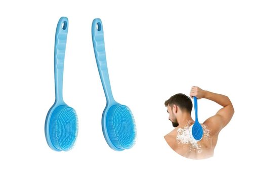 14.5inch Silicone Back Scrubber for Shower 2pcs（Blue）,Exfoliating Shower Brush,Double Sided for Exfoliating and Massage，Long Handle Back Scrubber for Men and Women(2 Brushes)