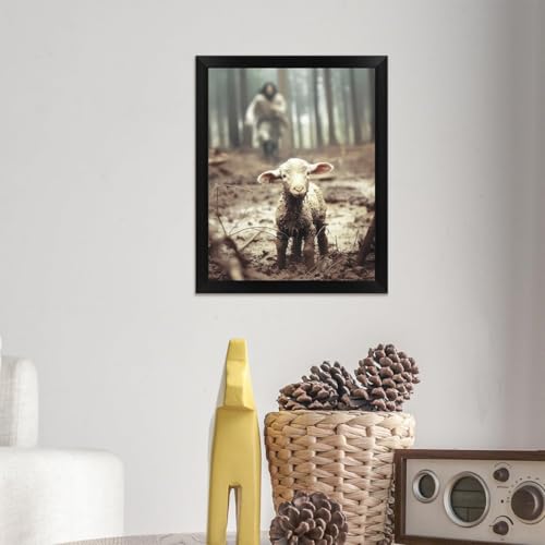 Christian Wall Art Jesus Chasing Lost Lamb Framed Canvas 16x20 Navy