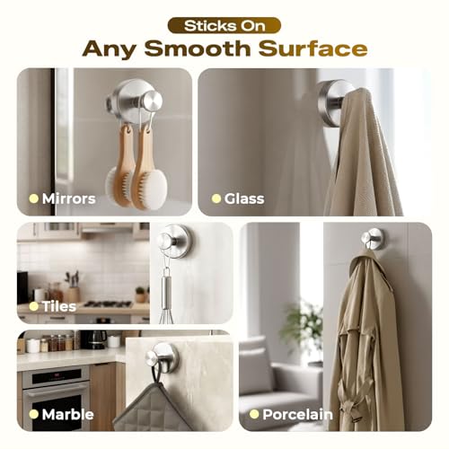 4 Pack Suction Cup Hooks for Shower - Heavy Duty Stainless Steel, Reusable Wall Mounts, Silver