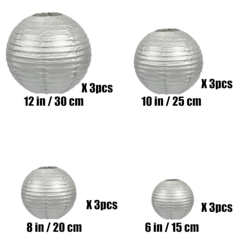 12Pcs Mixed Size Silver Paper Lanterns for Parties Weddings Christmas Home Decor