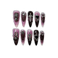 Pink and Black Gothic Stiletto Nails with 3D Cross & Charms - Long Press-On Set (L)