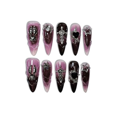 Pink and Black Gothic Stiletto Nails with 3D Cross & Charms - Long Press-On Set (L)