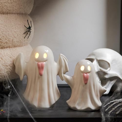 Halloween Ghost Figurines Set - Light Up Ceramic Ghost Decor, Pink & White Variation