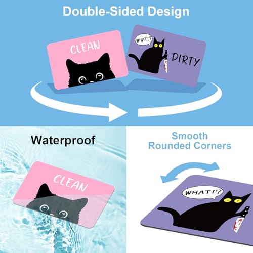 Pink Cat Dishwasher Magnet - Reversible Black Cat Clean Dirty Sign, Kitchen Refrigerator Reminder