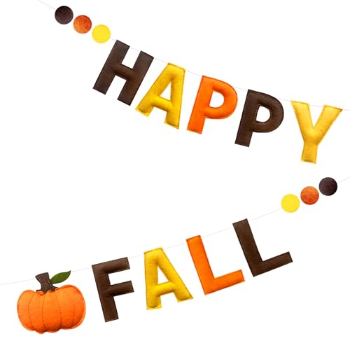 Happy Fall Felt Pumpkin Garland Banner - Autumn Thanksgiving Wall Decor with Wool Felt Balls - Variation: Happy Fall