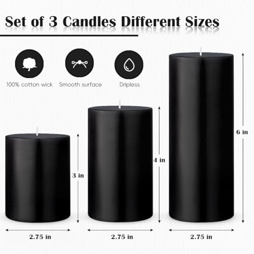 Black Pillar Candle Set of 3 Unscented Dripless Long Burn Candles - 2.75x3, 4, 6 Inches