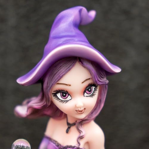 Purple Witch Resin Statue on Cauldron with Crystal Ball & Gold Coins - Whimsical Gothic Decor - Variation of THIS listing