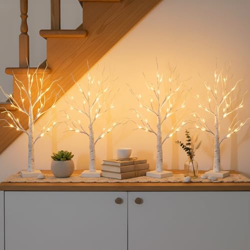 4 Pack Lighted Birch Tree Decorations - 2 Ft Indoor LED Tabletop Trees with Timer