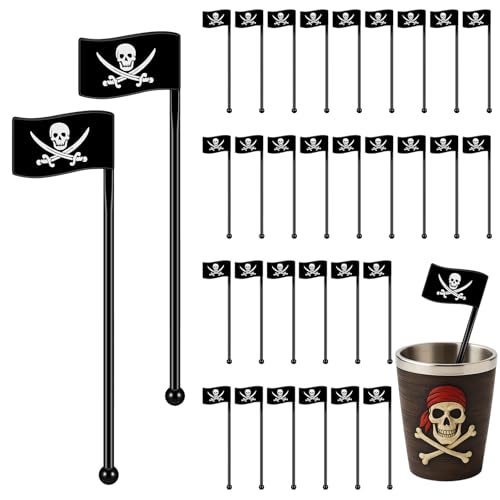 Halloween Pirate Drink Stirrer Set - Reusable 6 Inch Cocktail Flags for Parties