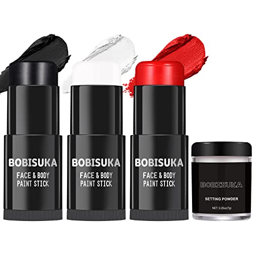 Face Paint Stick Set with Setting Powder - Black, White, Red Clown Joker Skeleton