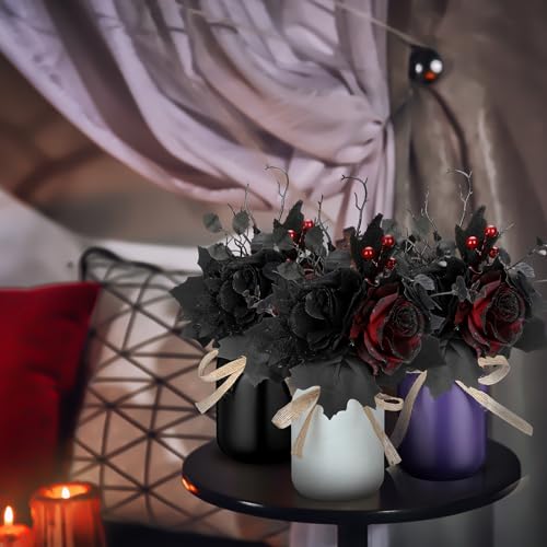 Halloween Mason Jar Decor Set with Artificial Black and Red Flowers - Centerpieces for Home and Party