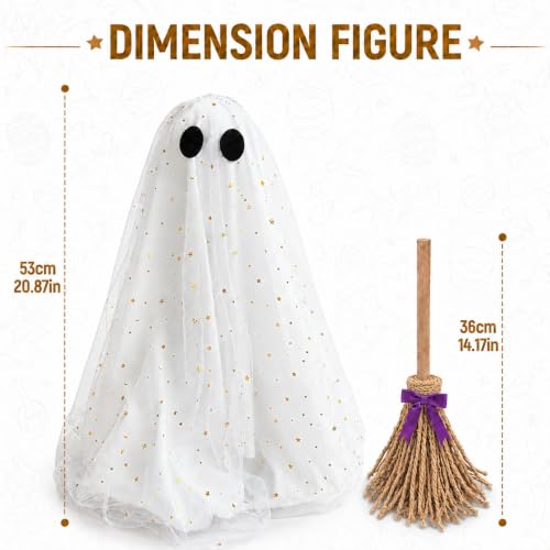 Lighted Ghost and Witch Broom Halloween Decoration Set - Adjustable Display