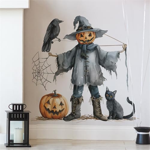 Halloween Wall Stickers Set - Pumpkin, Scarecrow, Black Cat & Spider Decals for Festive Decor