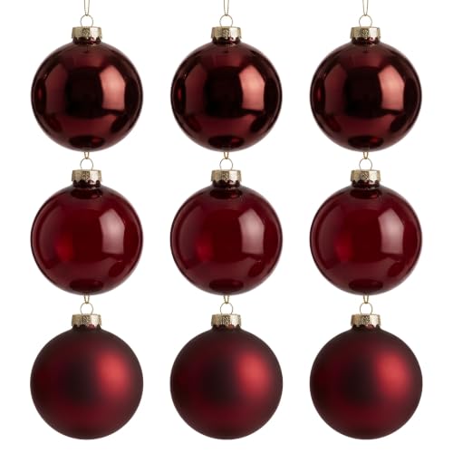 9-Piece Burgundy Glass Christmas Ornaments Set - 3.15 Inch Holiday Tree Decorations
