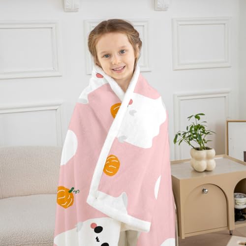 Queen Size Halloween Throw Blanket - Cartoon Ghost & Pumpkin Fleece 90x90 Inches - Multi 21