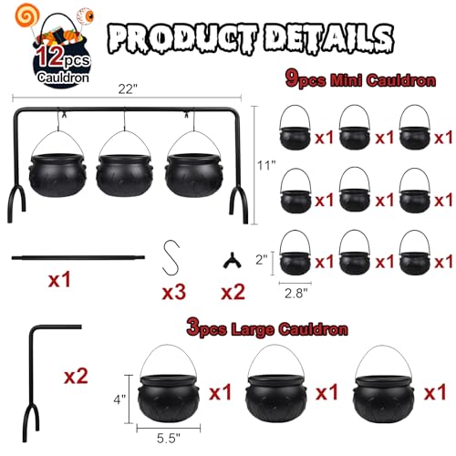 Halloween Cauldron Decorations Set with 12 Plastic & Metal Buckets for Party & Trick-or-Treating